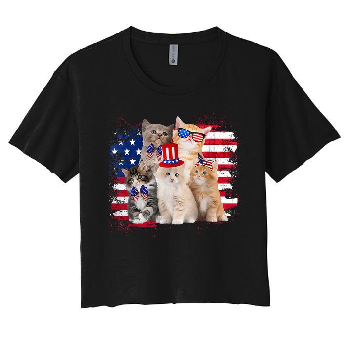 Funny Cat Patriotic USA Cat Lovers Cat Moms 4th July Women's Crop Top Tee