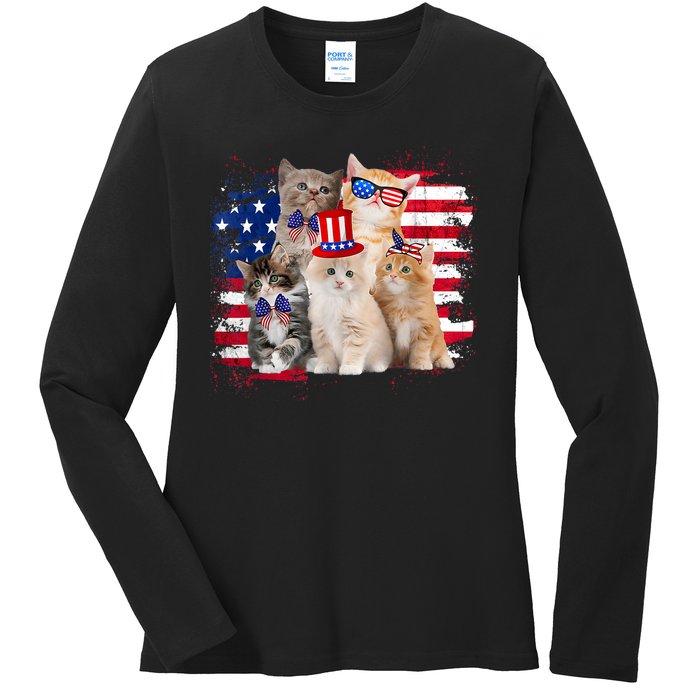 Funny Cat Patriotic USA Cat Lovers Cat Moms 4th July Ladies Long Sleeve Shirt