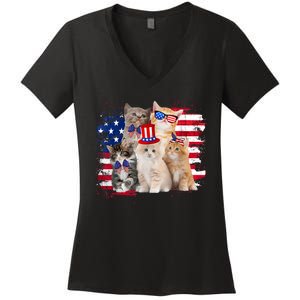 Funny Cat Patriotic USA Cat Lovers Cat Moms 4th July Women's V-Neck T-Shirt