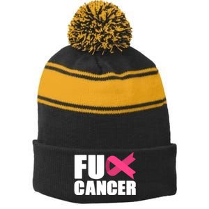 FU Cancer Pink Ribbon Breast Cancer Awareness Stripe Pom Pom Beanie