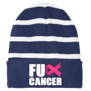 FU Cancer Pink Ribbon Breast Cancer Awareness Striped Beanie with Solid Band