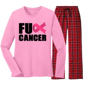 FU Cancer Pink Ribbon Breast Cancer Awareness Women's Long Sleeve Flannel Pajama Set 