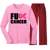 FU Cancer Pink Ribbon Breast Cancer Awareness Women's Long Sleeve Flannel Pajama Set 