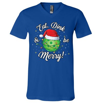 Funny Christmas Pickleball Santa Lights Eat Dink And Be Merry Gift V-Neck T-Shirt