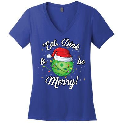 Funny Christmas Pickleball Santa Lights Eat Dink And Be Merry Gift Women's V-Neck T-Shirt