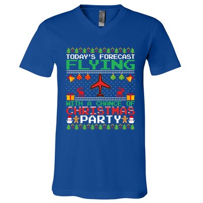 Flying Christmas Party Airplane Pilot Christmas Ugly Style Gift V-Neck T-Shirt