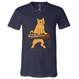 Funny Cat Playing Pedal Steel Country Blues V-Neck T-Shirt