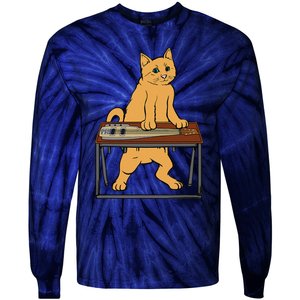 Funny Cat Playing Pedal Steel Country Blues Tie-Dye Long Sleeve Shirt