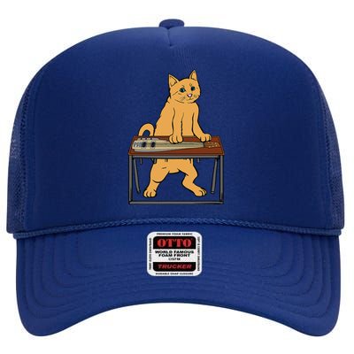 Funny Cat Playing Pedal Steel Country Blues High Crown Mesh Back Trucker Hat