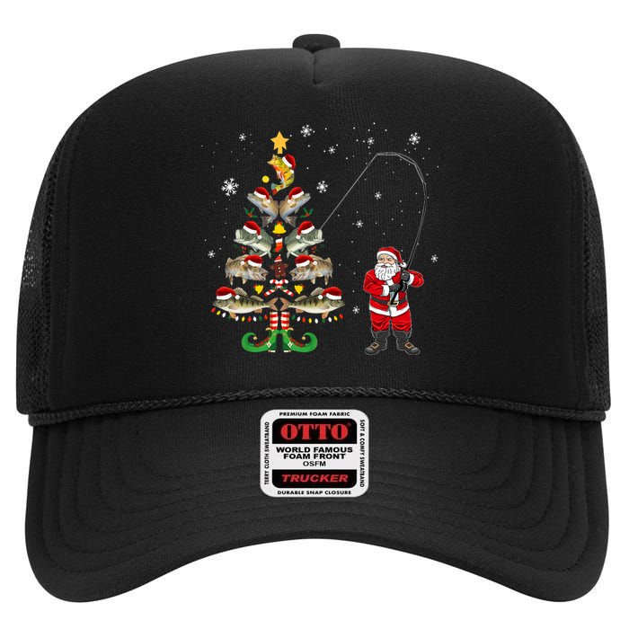 Fishermans Christmas Pajama Gift Tree Lights Merry Fishmas High Crown Mesh Back Trucker Hat