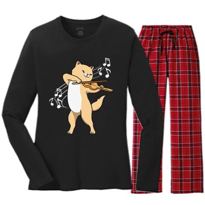 Funny Cat Playing Violin Giftt Cool Violinist Gift Women's Long Sleeve Flannel Pajama Set 