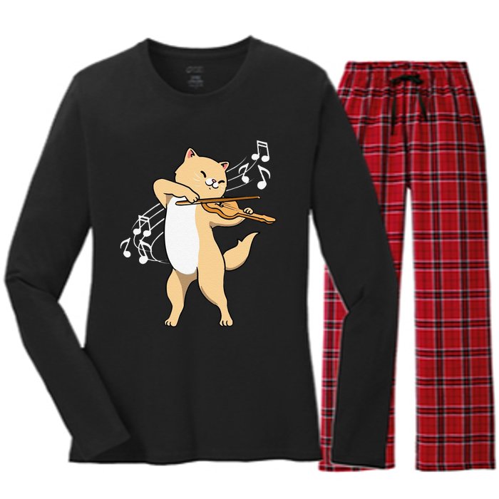 Funny Cat Playing Violin Giftt Cool Violinist Gift Women's Long Sleeve Flannel Pajama Set 