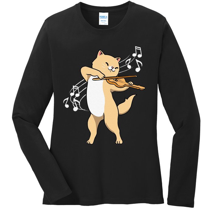 Funny Cat Playing Violin Giftt Cool Violinist Gift Ladies Long Sleeve Shirt