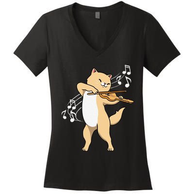 Funny Cat Playing Violin Giftt Cool Violinist Gift Women's V-Neck T-Shirt