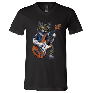 Funny Cat Playing Guitar Cat Lover Graphic Cats Kitten Lover V-Neck T-Shirt