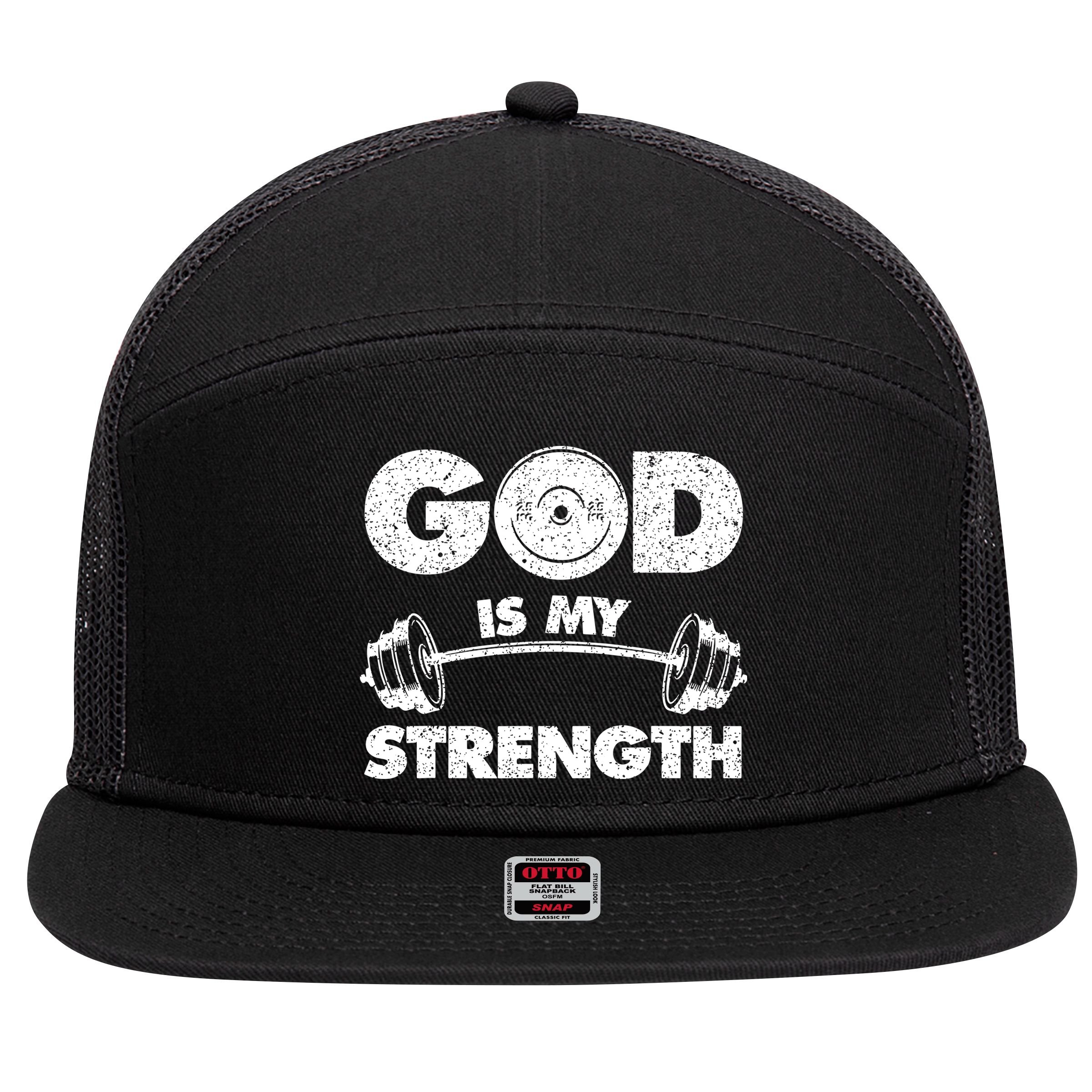Funny Christian Quote God Is My Strength 7 Panel Mesh Trucker Snapback Hat
