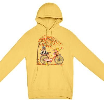 Funny Cute Retro Bicycle Cat Autumn Leaves Fall Thanksgiving Premium Pullover Hoodie