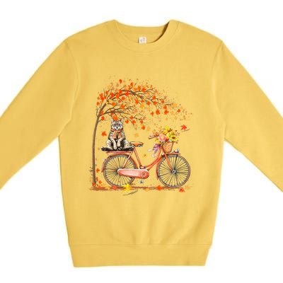 Funny Cute Retro Bicycle Cat Autumn Leaves Fall Thanksgiving Premium Crewneck Sweatshirt