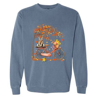 Funny Cute Retro Bicycle Cat Autumn Leaves Fall Thanksgiving Garment-Dyed Sweatshirt