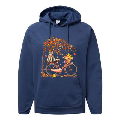 Funny Cute Retro Bicycle Cat Autumn Leaves Fall Thanksgiving Performance Fleece Hoodie