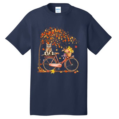 Funny Cute Retro Bicycle Cat Autumn Leaves Fall Thanksgiving Tall T-Shirt