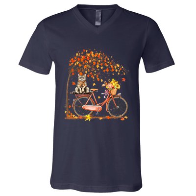 Funny Cute Retro Bicycle Cat Autumn Leaves Fall Thanksgiving V-Neck T-Shirt