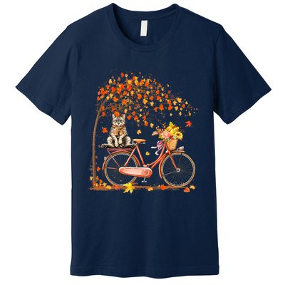 Funny Cute Retro Bicycle Cat Autumn Leaves Fall Thanksgiving Premium T-Shirt