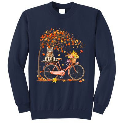 Funny Cute Retro Bicycle Cat Autumn Leaves Fall Thanksgiving Tall Sweatshirt