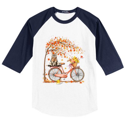 Funny Cute Retro Bicycle Cat Autumn Leaves Fall Thanksgiving Baseball Sleeve Shirt