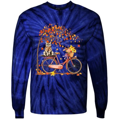 Funny Cute Retro Bicycle Cat Autumn Leaves Fall Thanksgiving Tie-Dye Long Sleeve Shirt