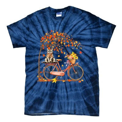 Funny Cute Retro Bicycle Cat Autumn Leaves Fall Thanksgiving Tie-Dye T-Shirt