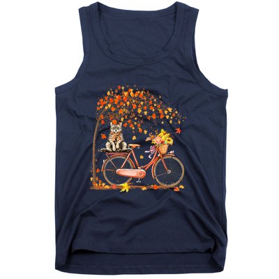 Funny Cute Retro Bicycle Cat Autumn Leaves Fall Thanksgiving Tank Top