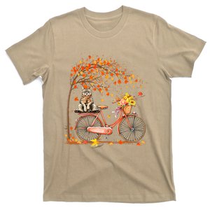 Funny Cute Retro Bicycle Cat Autumn Leaves Fall Thanksgiving T-Shirt