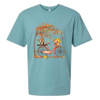 Funny Cute Retro Bicycle Cat Autumn Leaves Fall Thanksgiving Sueded Cloud Jersey T-Shirt