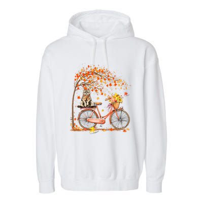 Funny Cute Retro Bicycle Cat Autumn Leaves Fall Thanksgiving Garment-Dyed Fleece Hoodie