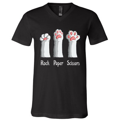 Funny Cat Rock Paper Scissors Hand Game Cute Paw Kitten V-Neck T-Shirt