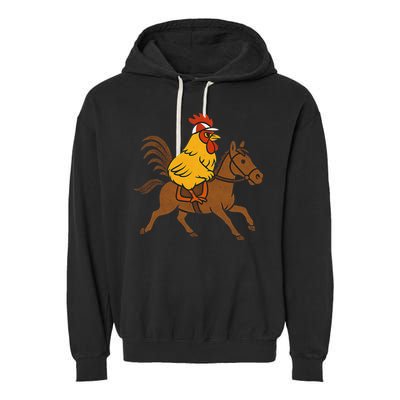 Funny Chicken Rooster Wearing Jockey Cap Riding Race Horse Garment-Dyed Fleece Hoodie