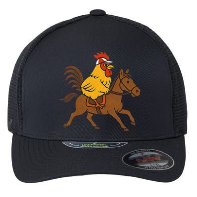 Funny Chicken Rooster Wearing Jockey Cap Riding Race Horse Flexfit Unipanel Trucker Cap