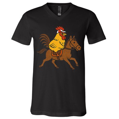 Funny Chicken Rooster Wearing Jockey Cap Riding Race Horse V-Neck T-Shirt
