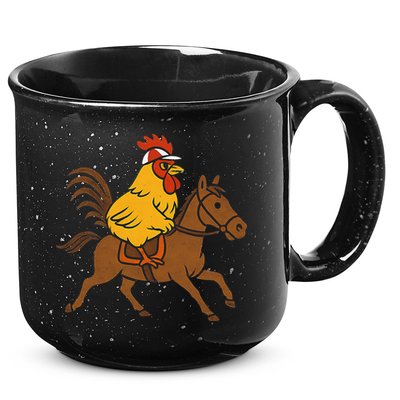 Funny Chicken Rooster Wearing Jockey Cap Riding Race Horse 15oz Campfire Ceramic Mug