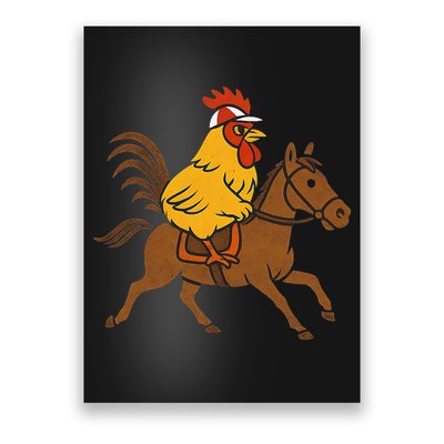 Funny Chicken Rooster Wearing Jockey Cap Riding Race Horse Poster