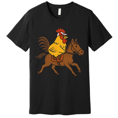 Funny Chicken Rooster Wearing Jockey Cap Riding Race Horse Premium T-Shirt