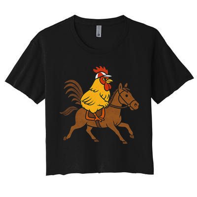 Funny Chicken Rooster Wearing Jockey Cap Riding Race Horse Women's Crop Top Tee