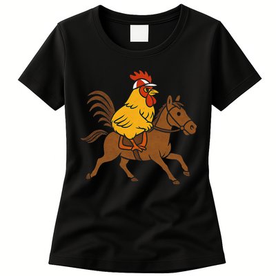 Funny Chicken Rooster Wearing Jockey Cap Riding Race Horse Womens T-Shirt