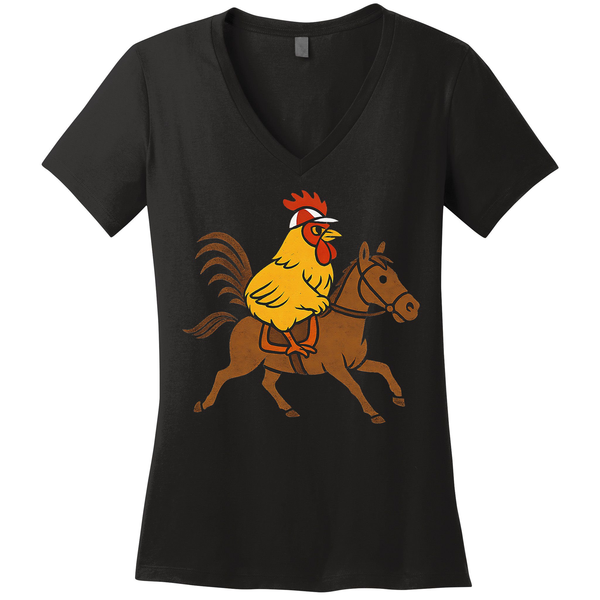 Funny Chicken Rooster Wearing Jockey Cap Riding Race Horse Women's V-Neck T-Shirt