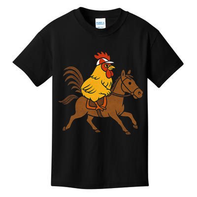 Funny Chicken Rooster Wearing Jockey Cap Riding Race Horse Kids T-Shirt