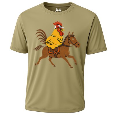 Funny Chicken Rooster Wearing Jockey Cap Riding Race Horse Cooling Performance Crew T-Shirt