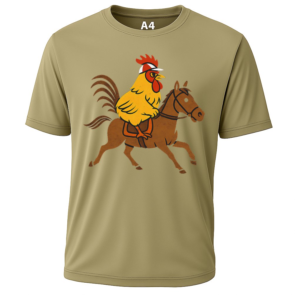 Funny Chicken Rooster Wearing Jockey Cap Riding Race Horse Cooling Performance Crew T-Shirt