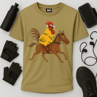 Funny Chicken Rooster Wearing Jockey Cap Riding Race Horse Cooling Performance Crew T-Shirt