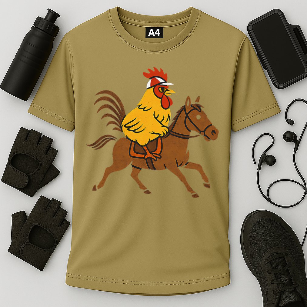 Funny Chicken Rooster Wearing Jockey Cap Riding Race Horse Cooling Performance Crew T-Shirt